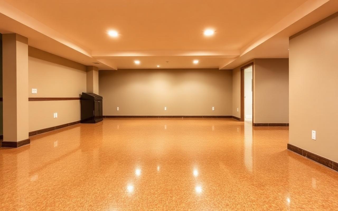 After — Dusty bare basement concrete before, and after a tan flake epoxy basement floor