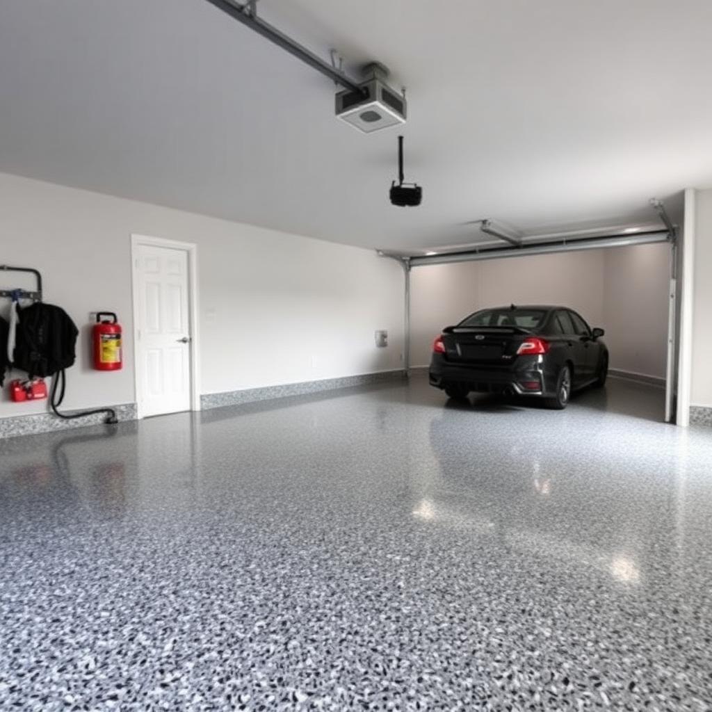 After — residential two-car garage transformed with full flake epoxy