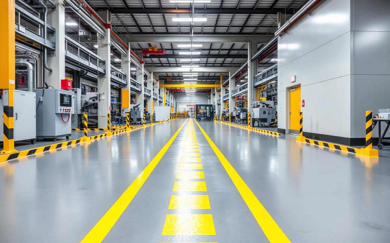 After — Cracked industrial plant floor before, and after a gray epoxy coating with yellow safety stripes
