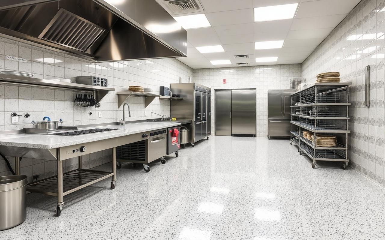 After — Commercial kitchen bare concrete before, and after a textured quartz epoxy floor with coving
