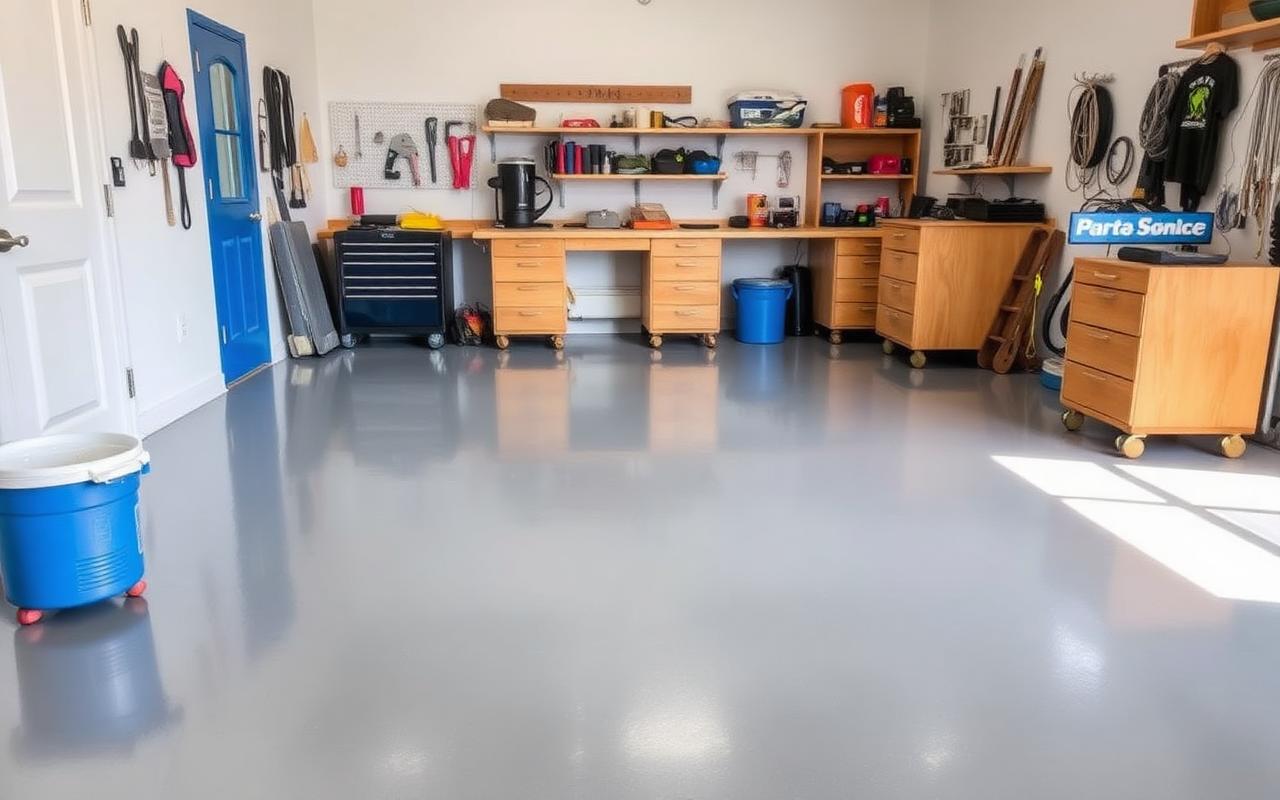 After — Stained workshop concrete before, and after a gray epoxy workshop floor
