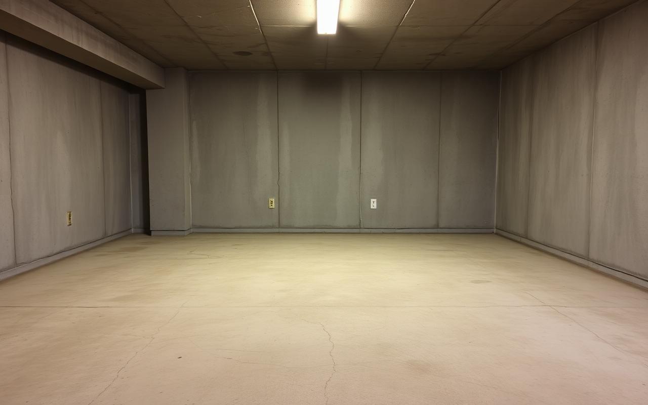 Before — Dusty bare basement concrete before, and after a tan flake epoxy basement floor