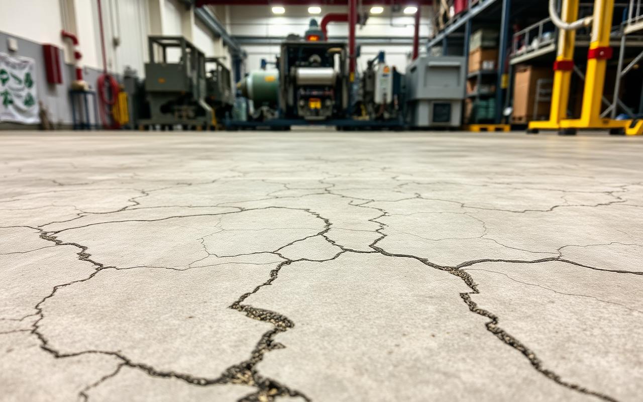 Before — Cracked industrial plant floor before, and after a gray epoxy coating with yellow safety stripes