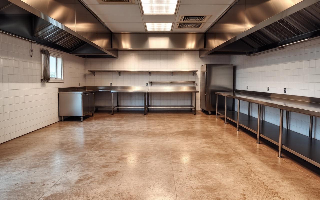 Before — Commercial kitchen bare concrete before, and after a textured quartz epoxy floor with coving