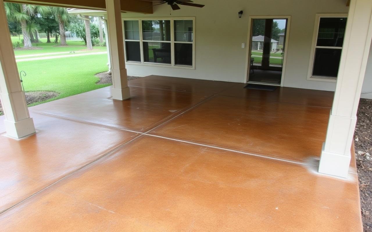 Before — Weathered covered patio slab before, and after a sand-colored polyaspartic coating