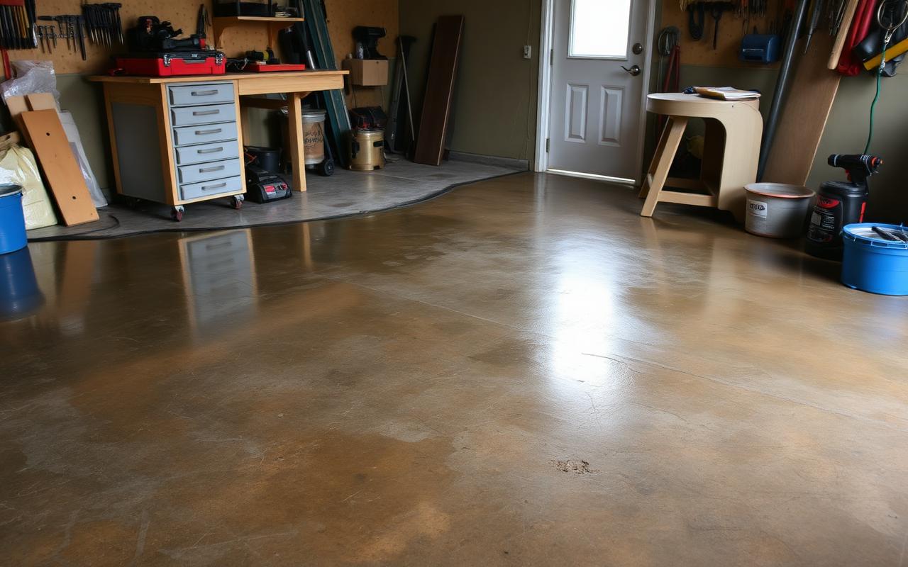 Before — Stained workshop concrete before, and after a gray epoxy workshop floor